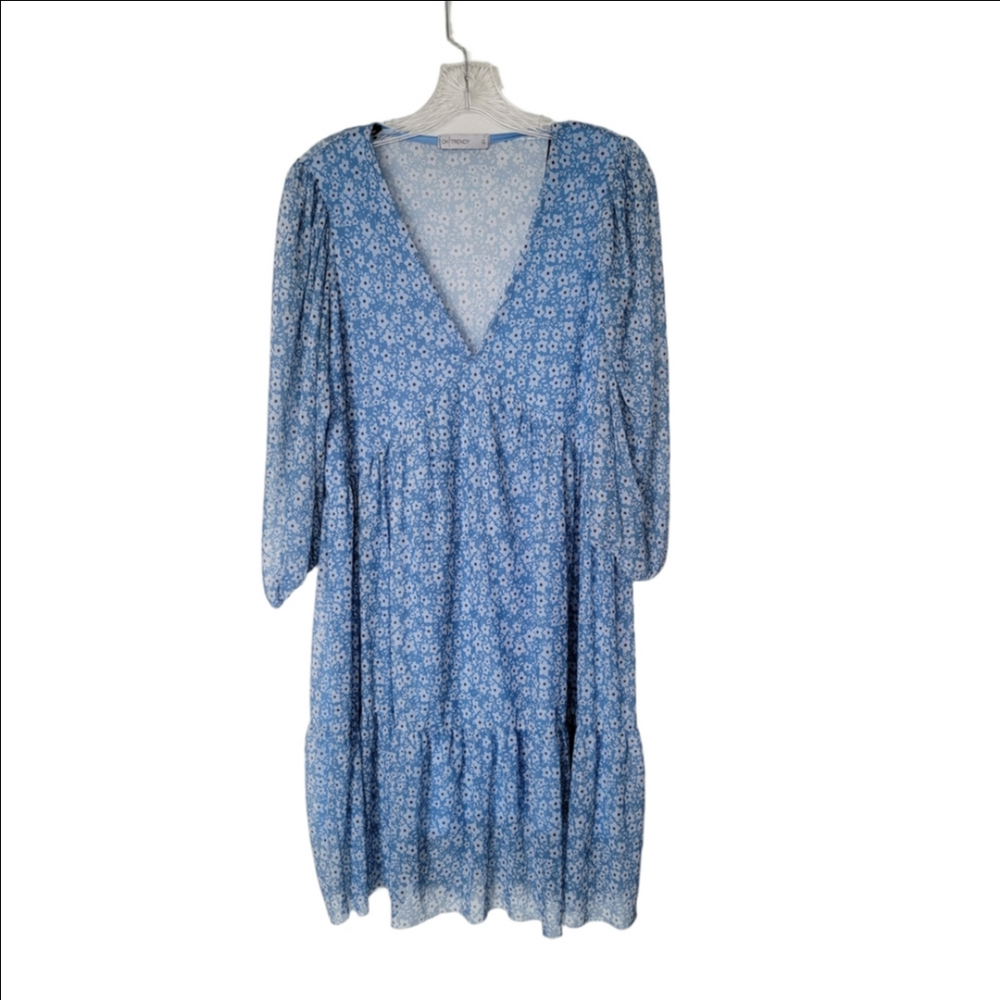 Vintage Y2K Parisian Cruise Wear Blue Floral Mesh Long Sleeve Mini Dress Large - Picture 2 of 9